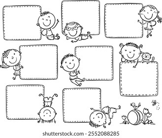 Outline doodle kids holding blank template banners for diary, memo, planner, to do listbook, notebook, paper cards, notes, stickers, labels. Cartoon children clipart set. Black and white illustration