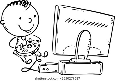 Outline doodle little child using electronic device, boy playing gamebox, cartoon kid and digital technology