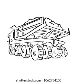 outline doodle loaded big mining truck vector illustration sketch hand drawn with black lines isolated on white background