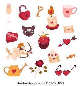 Outline doodle love theme set, romance, February 14, Valentine's Day. Design elements, white background. Inscriptions. Cute cartoon style.