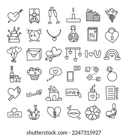 Outline doodle love theme set, romance, February 14, Valentine's Day. Design elements, white background. Inscriptions. Cute cartoon style.