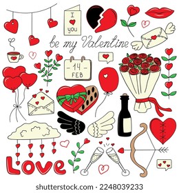 Outline doodle love theme set, romance, February 14, Valentine's Day. Design elements, white background. Inscription. Cute cartoon style.