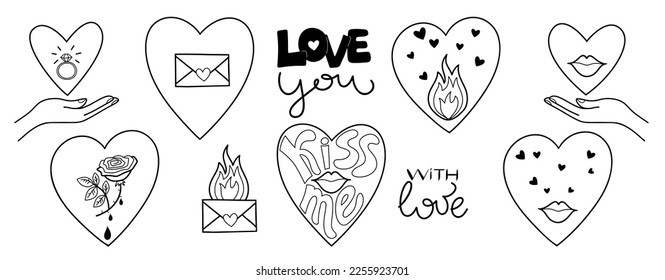 Outline doodle love theme set, romance, February 14, Valentine's Day. Design elements, white background.  Inscriptions. Vector.