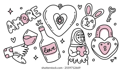 Outline doodle love theme set with cute rough romance, February 14, Valentine s Day. Design elements on white background. Inscription - Amore. Cute cartoon style.