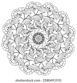 Outline Doodle Mandala with Hearts and Swirls, Meditative Coloring Page Vector Illustration for Kids and Adults for Valentine's Day
