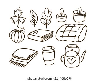 Outline doodle objects autumn set. Hand drawn cartoon style vector illustration isolated on white background.