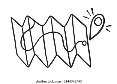 La guía de esquema, doodle, mapa de papel muestra la ruta. Signo de ubicación. Dibujado a mano. Ilustración del vector