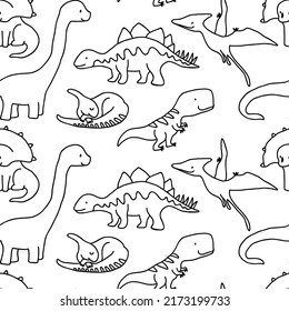 Outline doodle pattern with dinosaurs on white, doodle dino vector pattern. Coloring book pattern.