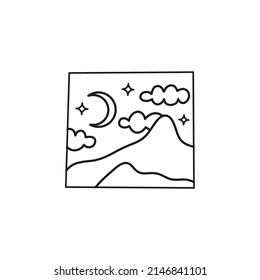 Outline doodle picture icon with mountains, hills, clouds, moon and stars isolated on white background.