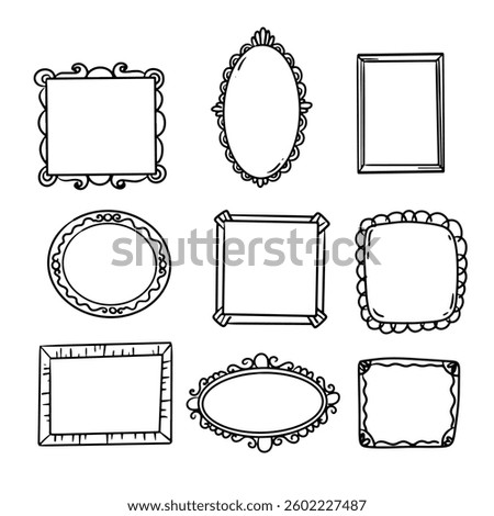 Outline doodle pictures frame set. Simple graphic photo frame.