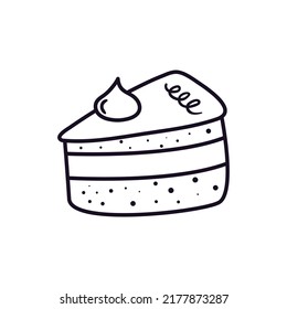 Outline doodle piece of cake icon. Baked dessert for party and celebration. Hand drawn doodle illustration. Lineair sketch element