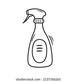 Outline Doodle Plastic Spray Bottle With Detergent Liquid. Hand Drawn Icon Of Laundry Supply. Housework Equipment Vector Illustration