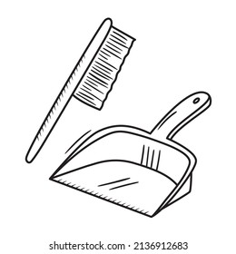 Outline doodle scoop and brush. Hand drawn cleaning equipment vector illustration. House work supplies