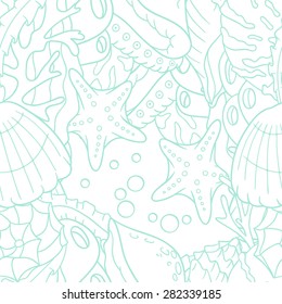 Outline doodle sea seamless pattern with starfish and shells in vector. Colorful underwater background