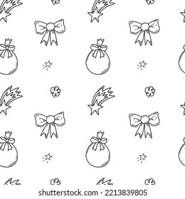 Outline doodle seamless pattern of black line christmas gift bow, bag and decorations on white background. Vector hand drawn cartoon style. Happy New Year. 