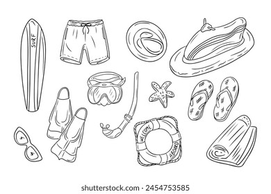 Esquema doodle conjunto de actividades de descanso en la playa. Artículos para buceo, natación y ciclismo acuático. Pegatinas con contorno monocromo. Ilustración vectorial aislada sobre fondo blanco