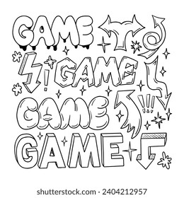 Outline doodle set with word Game and arrows in retro 90s style. Collection of hand drawn sketchy words, arrows. Black contour signs and words in bubb
