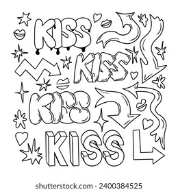 Outline doodle set with word KISS in retro 90s style. Collection of hand drawn hearts and arrows. Black contour sketchy signs and words in bubble, str