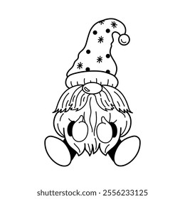 Outline doodle of a sitting festive dwarf in hat