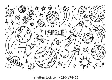 Outline doodle space draw elements. Vector line illustration. 