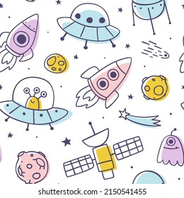 Outline doodle space pattern. Cosmic seamless print with spaceship and aliens for kids.