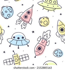 Outline doodle space pattern. Cosmic seamless print with rockets and ufo for kids.