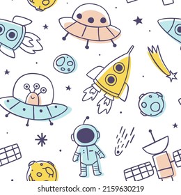 Outline doodle space pattern. Cosmic seamless print with rockets and ufo for kids textile and wallpaper.