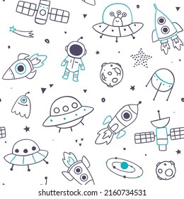 Outline doodle space pattern. Cosmic seamless print for kids textile and apparel.