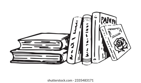 Outline doodle of stack of books. Hand drawn vector illustration. Engraving retro style clipart isolated on white background.