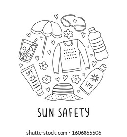 Outline doodle sun safety icons composed in circle shape.