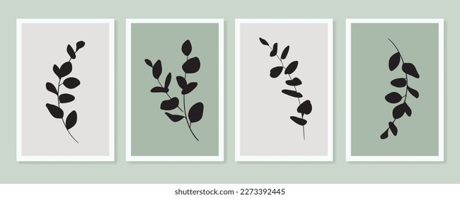 Outline doodle twigs on green background in line art style. Greenery vector illustration in minimalist style.