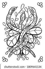 Outline doodle vector illustration of three snakes in the garden with leaves for anti-stress coloring book, or tattoo isolated on a white background. Coloring page for adults and children, zen tangle