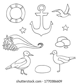 Outline doodle vector marine elements set. Black and white anchor, lifebuoy, seagulls, starfish, stones and water wave. Stock illustration for kids, decoration, coloring book