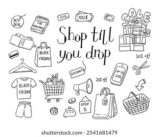 Outline doodle vector set with hand drawn elements for Black Friday or another Big Sale. Vector gift boxes, trolley, money, coins wallet, cosmetics, paper pack and related elements for coloring pages