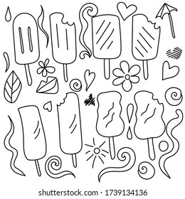 Outline doodle vector set of stick ice cream and many cute elements for design and creativity