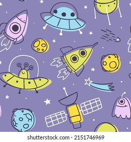 Outline doodle violet space pattern. Cosmic seamless print with spaceship and aliens for kids.