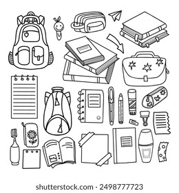 Outline doodles stationery and art supplies set. Accessories for study, student equipment, hobby items. Back to school. Vector illustration. Isolated scribbles for educational design.