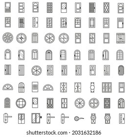 Outline Doors and windows flat icon collection set