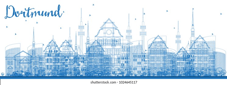 Outline Dortmund Germany City  Skyline with Blue Buildings. Vector Illustration. Business Travel and Tourism Concept with Historic Architecture. Dortmund Cityscape with Landmarks.