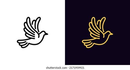 Outline dove icon, with editable stroke. Flying dove silhouette, pigeon pictogram. Peace bird, love and care, holy dove, world charity, spiritual bird, flight and freedom. Vector icon for Animation