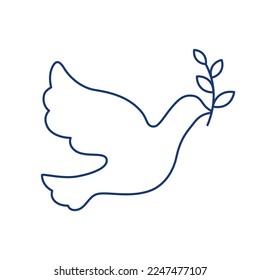 Outline dove icon with an olive branch in its beak, a symbol of peace vector illustration