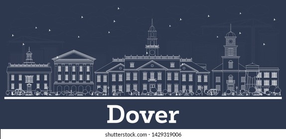 Esquema del Skyline de la ciudad de Dover Delaware con edificios blancos. Ilustración vectorial. Concepto de viajes de negocios y turismo con arquitectura histórica. Paisaje urbano con monumentos.