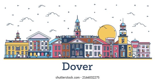 Outline Dover Delaware City Skyline with Colored Historic Buildings Isolated on White. Vector Illustration. Dover USA Cityscape with Landmarks.
