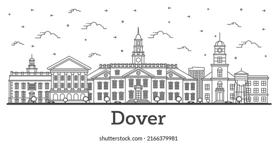 Esbozar el horizonte de la ciudad de Delaware con edificios históricos aislados en blanco. Ilustración vectorial. Dover USA Cityscape con monumentos.