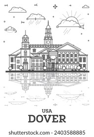 Esbozar el horizonte de la ciudad de Delaware con edificios históricos y reflexiones aisladas en blanco. Ilustración vectorial. Dover USA Cityscape con monumentos.