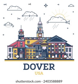 Esbozar el horizonte de la ciudad de Dover Delaware con edificios modernos e históricos de colores aislados en blanco. Ilustración vectorial. Dover USA Cityscape con monumentos.