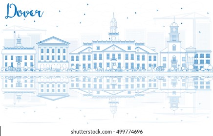 Outline Dover Skyline with Blue Buildings and Reflections. Vector Illustration. Business Travel and Tourism Concept with Historic Buildings. Image for Presentation Banner Placard and Web Site.