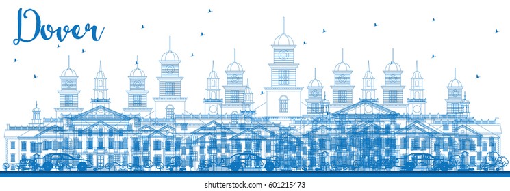 Outline Dover Skyline with Blue Buildings. Vector Illustration. Business Travel and Tourism Concept with Historic Buildings. Image for Presentation Banner Placard and Web Site.