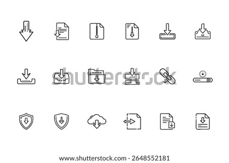 Outline download icons set including arrows files folders cloud link shield symbols