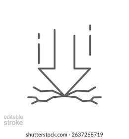 Outline Downward Force Icon with Cracks Impact and Pressure Symbol Line Art Editable Stroke Destructive Power